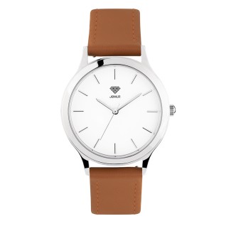 Men's Personalized 36mm Dress Watch - Steel Case, White Dial, Tan Leather