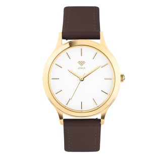 Men's Personalized Dress Watch - 36mm Uptown - Gold Case, White Dial, Brown Leather