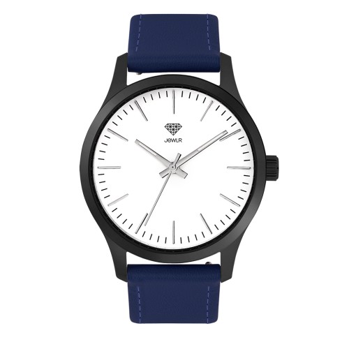 Men's Personalized Dress Watch - 40mm Midtown - Black Case, White Dial, Blue Leather