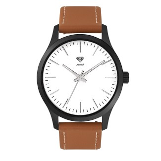 Men's Personalized 40mm Dress Watch - Black Case, White Dial, Tan Leather