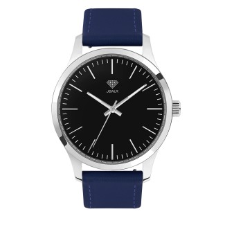 Men's Personalized Dress Watch - 40mm Downtown - Polished Steel Case, Black Dial, Blue Leather