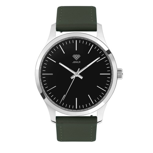 Men's Personalized Dress Watch - 40mm Downtown - Polished Steel Case, Black Dial, Green Leather
