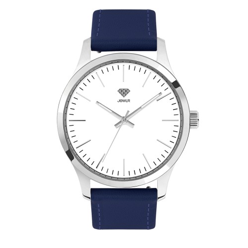 Men's Personalized Dress Watch - 40mm Downtown - Polished Steel Case, White Dial, Blue Leather