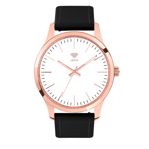 Men's Personalized Dress Watch - 40mm Metro - Rose Gold Case, White Dial, Black Leather