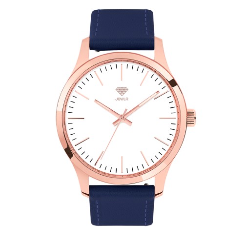 Men's Personalized Dress Watch - 40mm Metro - Rose Gold Case, White Dial, Blue Leather