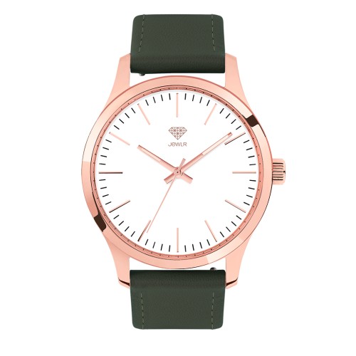 Men's Personalized Dress Watch - 40mm Metro - Rose Gold Case, White Dial, Green Leather