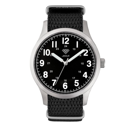 Men's Personalized Field Watch - 40mm Rover - Steel Case, Black Dial, Black Nato
