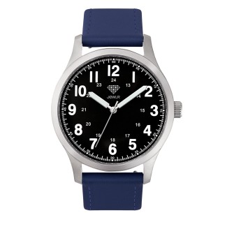 Men's Personalized Field Watch - 40mm Voyager - Steel Case, Black Dial, Blue Leather