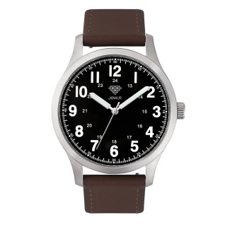 Men's Personalized Field Watch - 40mm Voyager - Steel Case, Black Dial, Brown Leather
