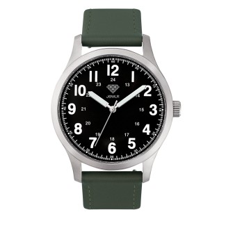 Men's Personalized 40mm Field Watch - Steel Case, Black Dial, Green Leather