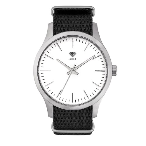 Men's Personalized Dress Watch - 40mm Downtown - Steel Case, White Dial, Black Nato