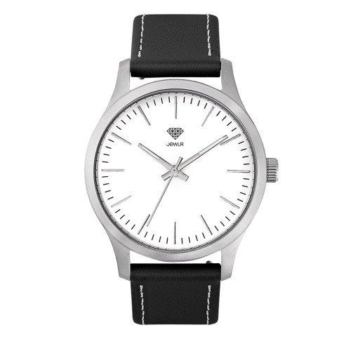 Men's Personalized Dress Watch - 40mm Downtown - Steel Case, White Dial, Black Leather