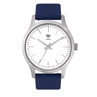 Men's Personalized 40mm Dress Watch - Steel Case, White Dial, Blue Leather