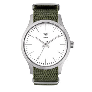 Men's Personalized 40mm Dress Watch - Steel Case, White Dial, Olive Nato