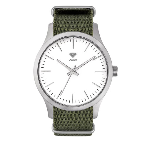 Men's Personalized Dress Watch - 40mm Downtown - Steel Case, White Dial, Olive Nato