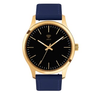 Men's Personalized Dress Watch - 40mm Uptown - Gold Case, Black Dial, Blue Leather