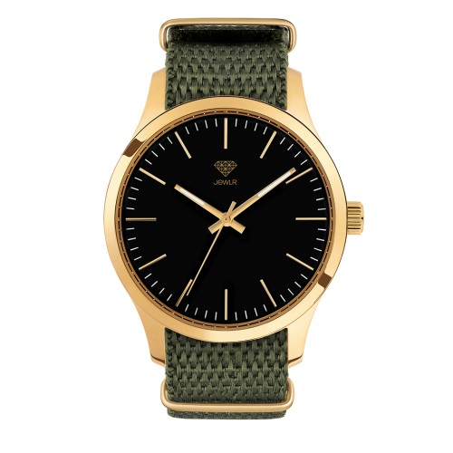 Men's Personalized Dress Watch - 40mm Uptown - Gold Case, Black Dial, Olive Nato