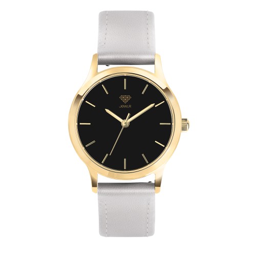 Women's Personalized Dress Watch - 32mm Uptown - Gold Case, Black Dial, Silver Leather