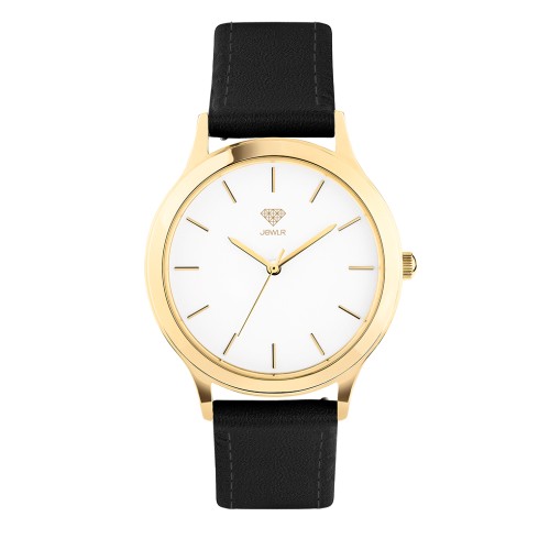 Women's Personalized Dress Watch - 36mm Uptown - Gold Case, White Dial, Black Leather