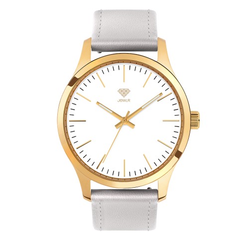 Women's Personalized Dress Watch - 40mm Uptown - Gold Case, White Dial, Silver Leather