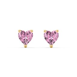 Heart Stud Earrings in 10K Solid Yellow Gold with Pink Tourmaline