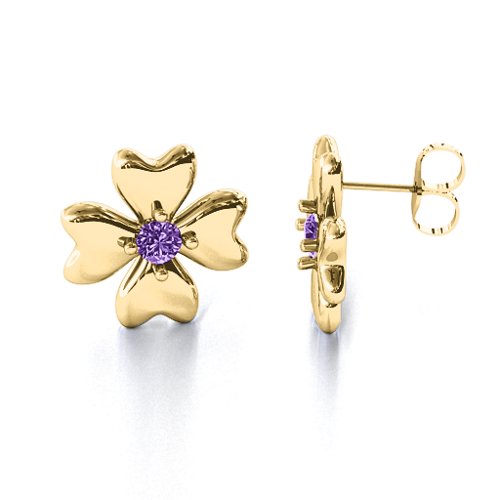 Four Heart Clover Earrings – 10K Yellow Gold with Amethyst