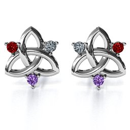 Triple Stone Celtic Knot Earrings in 925 Sterling Silver with Garnet, Cubic Zirconia, and Amethyst