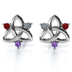 Triple Stone Celtic Knot Earrings – 10K Yellow Gold with Garnet, Cubic Zirconia, and Amethyst