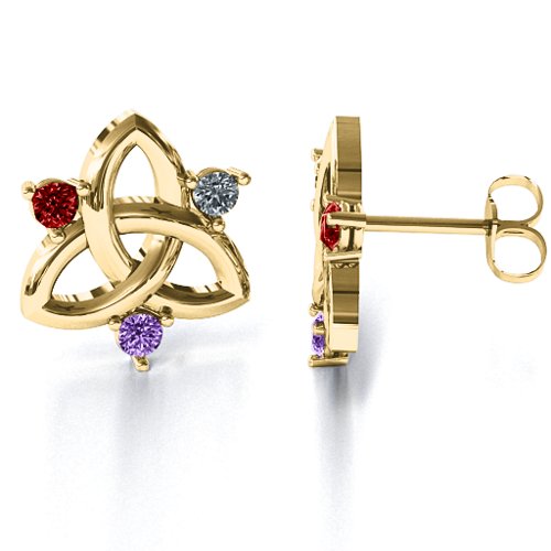 Triple Stone Celtic Knot Earrings – 10K Yellow Gold with Garnet, Cubic Zirconia, and Amethyst