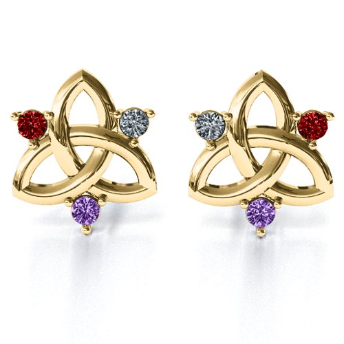 Triple Stone Celtic Knot Earrings – 10K Yellow Gold with Garnet, Cubic Zirconia, and Amethyst