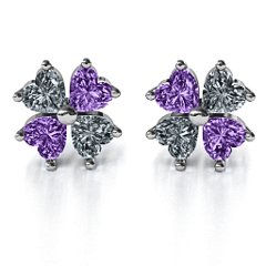 Multi Stone Four Heart Clover Earrings – Sterling Silver with Cubic Zirconia and Amethyst