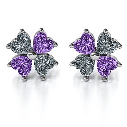 Multi Stone Four Heart Clover Earrings in 925 Sterling Silver with Cubic Zirconia and Amethyst