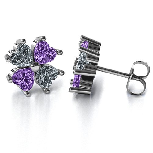 Multi Stone Four Heart Clover Earrings – Sterling Silver with Cubic Zirconia and Amethyst