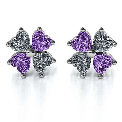 Multi Stone Four Heart Clover Earrings – Sterling Silver with Cubic Zirconia and Amethyst