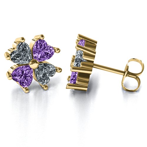 Multi Stone Four Heart Clover Earrings – 10K Yellow Gold with Cubic Zirconia and Amethyst