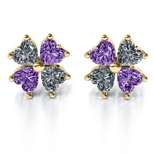 Multi Stone Four Heart Clover Earrings – 10K Yellow Gold with Cubic Zirconia and Amethyst