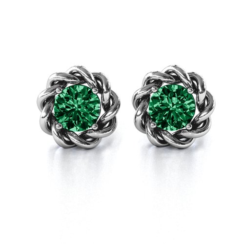 Twisted Stud Solitaire Earrings – Sterling Silver with Emerald