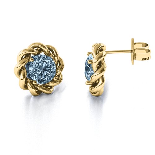 Twisted Stud Solitaire Earrings – 10K Yellow Gold with Aquamarine