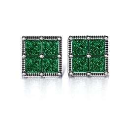 Vintage Princess Cut Stud Earrings in 925 Sterling Silver with Emerald
