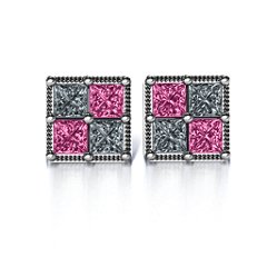 Vintage Princess Cut Stud Earrings – Sterling Silver with Cubic Zirconia and Pink Tourmaline