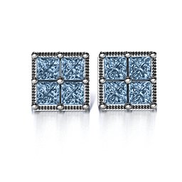 Vintage Princess Cut Stud Earrings in 925 Sterling Silver with Aquamarine