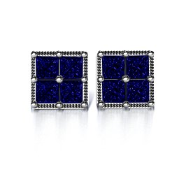 Vintage Princess Cut Stud Earrings in 925 Sterling Silver with Blue Sapphire