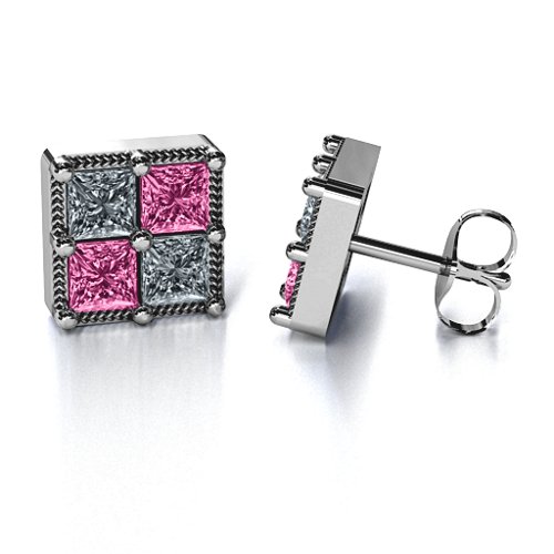 Vintage Princess Cut Stud Earrings – Sterling Silver with Cubic Zirconia and Pink Tourmaline