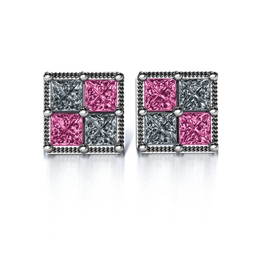 Vintage Princess Cut Stud Earrings – Sterling Silver with Cubic Zirconia and Pink Tourmaline