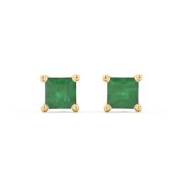 Princess Cut Stud Earrings in 10K Solid Yellow Gold with Emerald