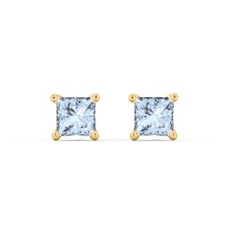 Princess Cut Stud Earrings in 10K Solid Yellow Gold with Aquamarine
