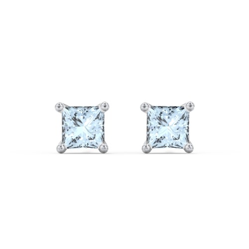 Princess Cut Stud Earrings – Sterling Silver with Aquamarine