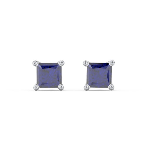 Princess Cut Stud Earrings – Sterling Silver with Blue Sapphire