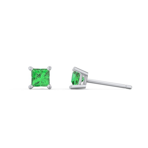 Princess Cut Stud Earrings – Sterling Silver with Emerald