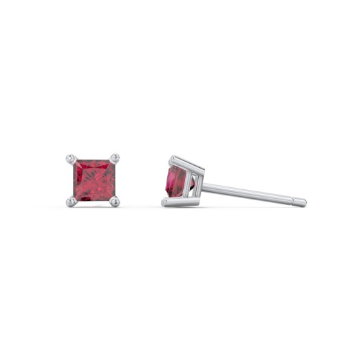 Princess Cut Stud Earrings – Sterling Silver with Ruby